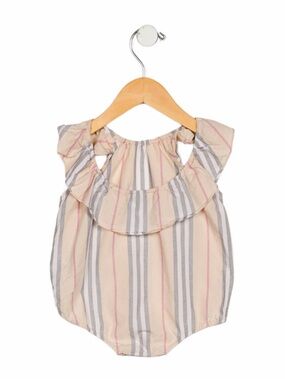 Burberry Striped Ruffle Baby Romper in Beige, Gray and Pink